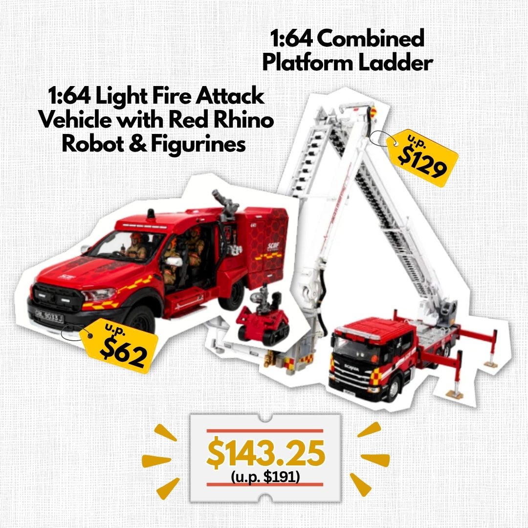 [BUNDLE] Combined Platform Ladder + Light Fire Attack Vehicle (with Red Rhino Robot & Figurines)